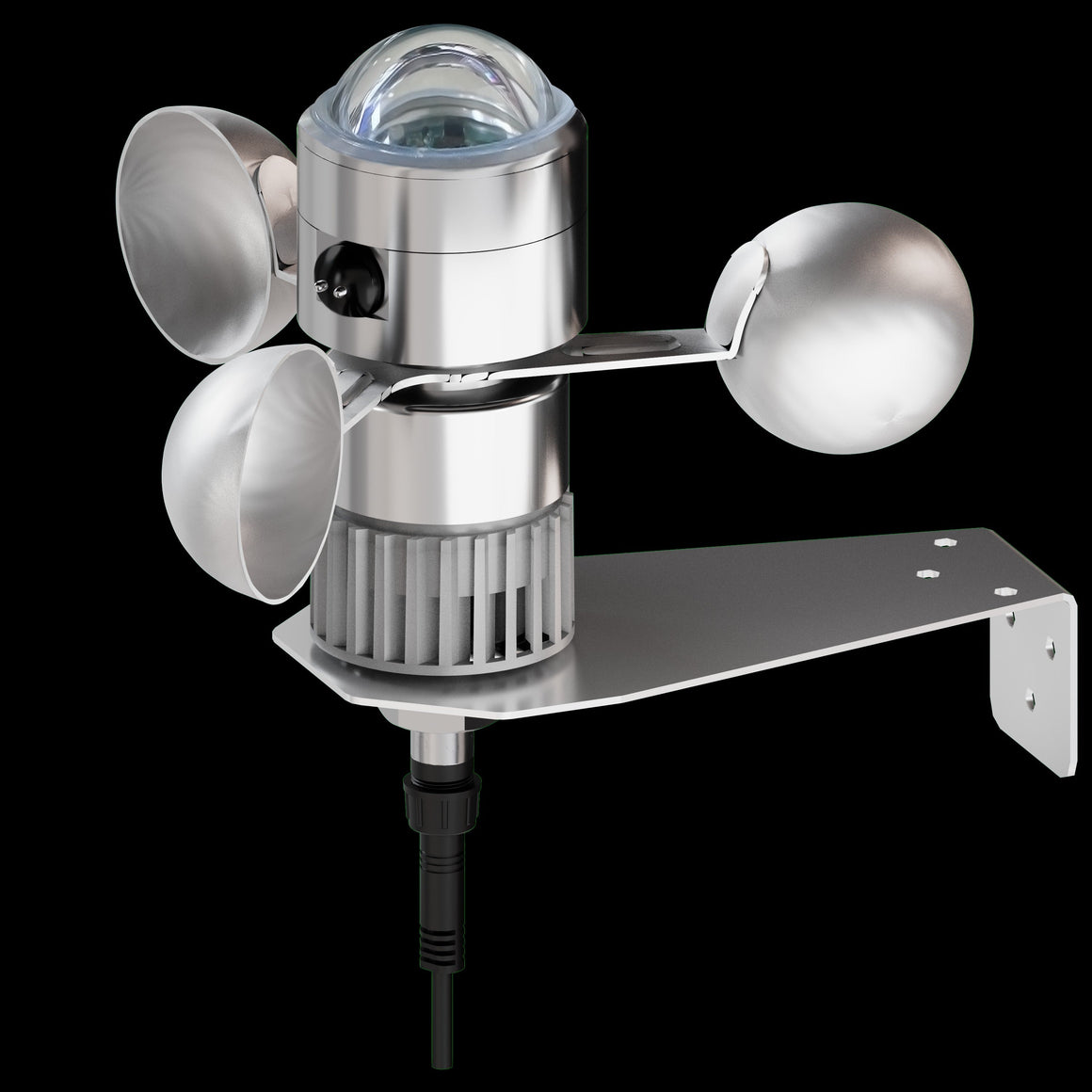 A silver anemometer with a glass dome and three cups, mounted on a metal bracket, on a black background.