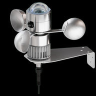 A silver anemometer with a glass dome and three cups, mounted on a metal bracket, on a black background.