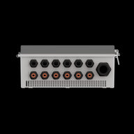 A white control box with a gray lid and multiple black ports, indicating power and communication connections.