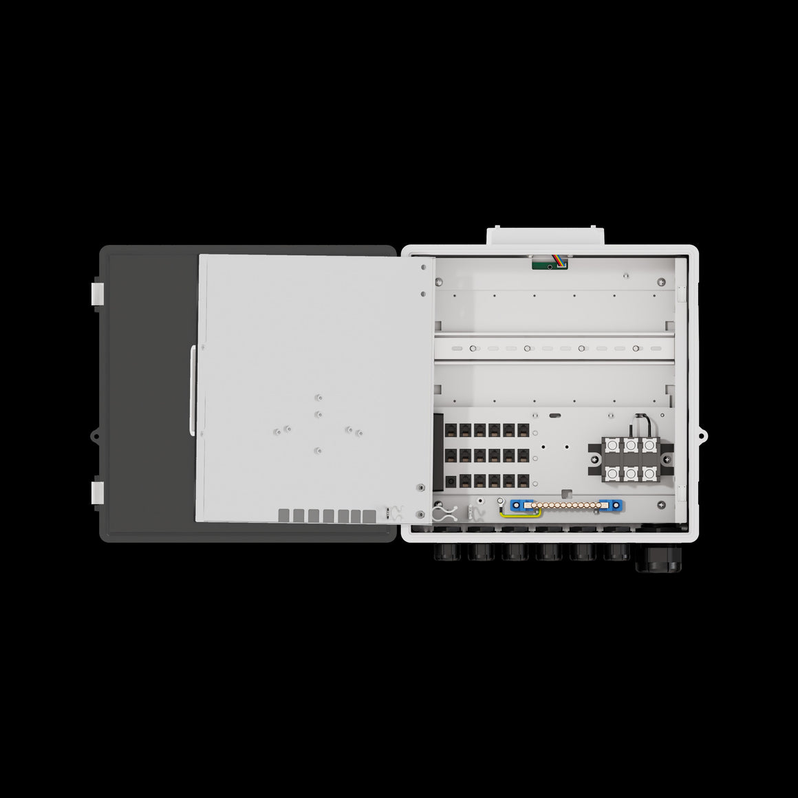 Open white greenhouse control box with dark gray door. Inside, multiple network ports, circuit breakers, and grounding bar are visible.