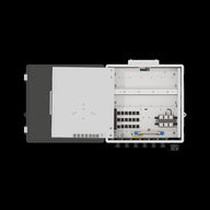 Open white greenhouse control box with dark gray door. Inside, multiple network ports, circuit breakers, and grounding bar are visible.