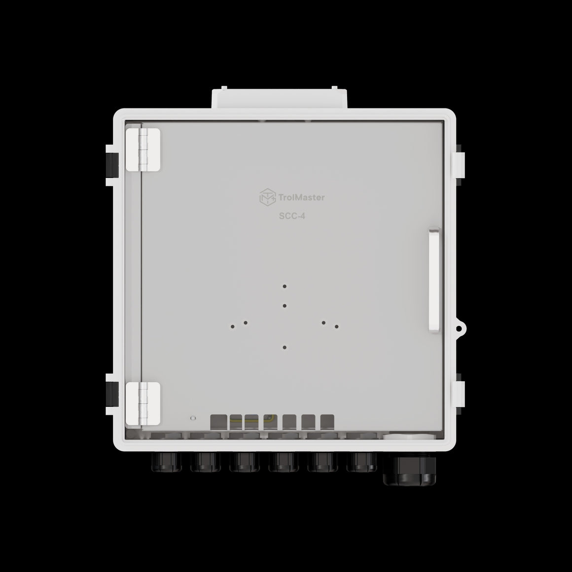 TrolMaster SCC-4 greenhouse control unit with logo and input/output connectors visible from top.