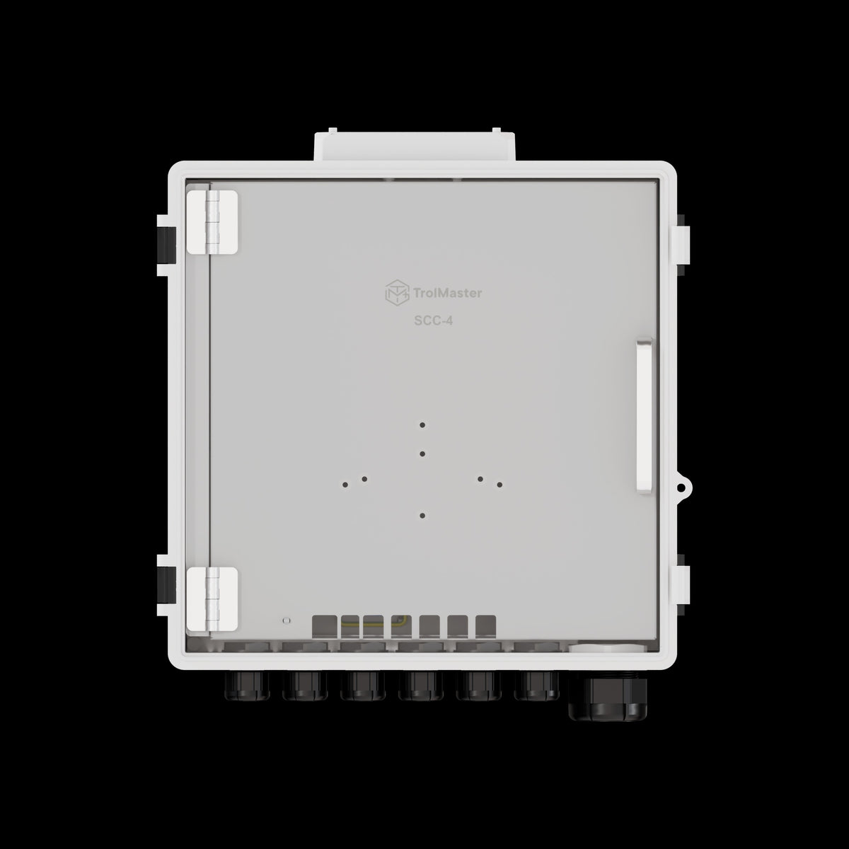 TrolMaster SCC-4 greenhouse control unit with logo and input/output connectors visible from top.