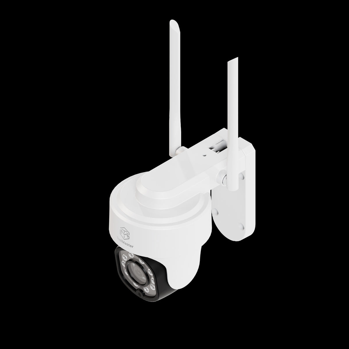 White outdoor security camera with dual antennas and "TrolMaster" logo, against a black background.