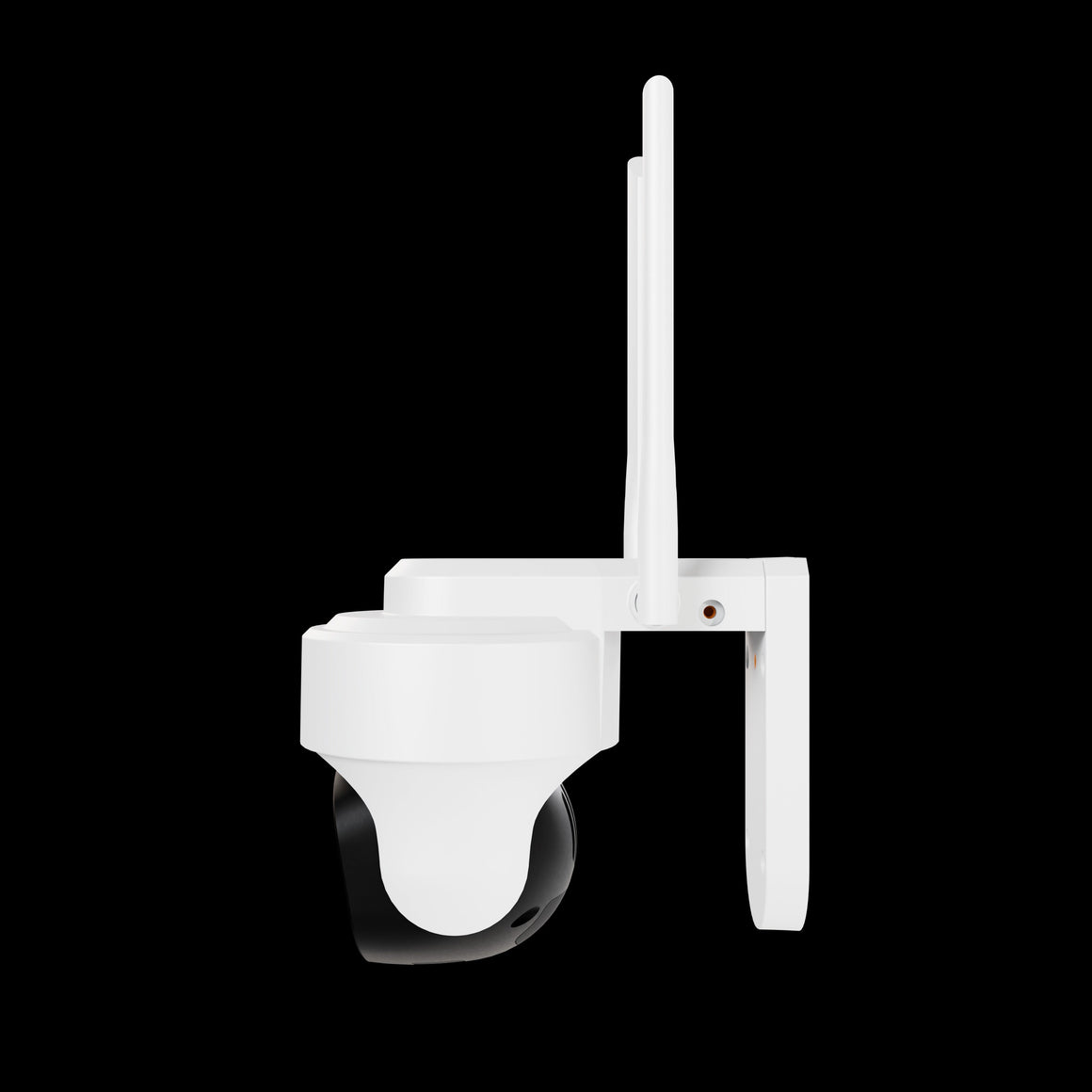White security camera with antenna and mounting bracket on a black background.