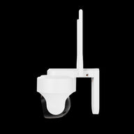 White security camera with antenna and mounting bracket on a black background.