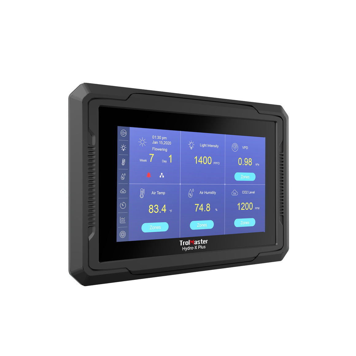 TrolMaster Hydro-X Plus environmental controller displays time, date, grow stage, light intensity, VPD, air temperature, humidity, and CO2.