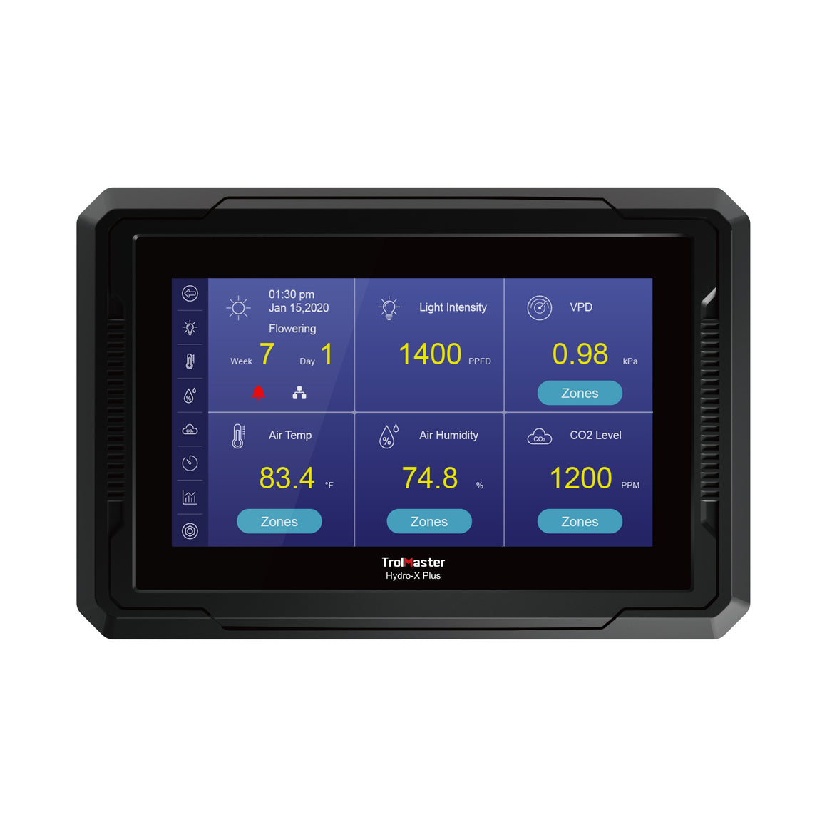 TrolMaster Hydro-X Plus screen shows time, date, week, day, light intensity, VPD, air temp, humidity, and CO2 levels.