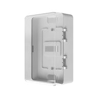 Clear plastic cover on a white grow tent control box with silver hinges.