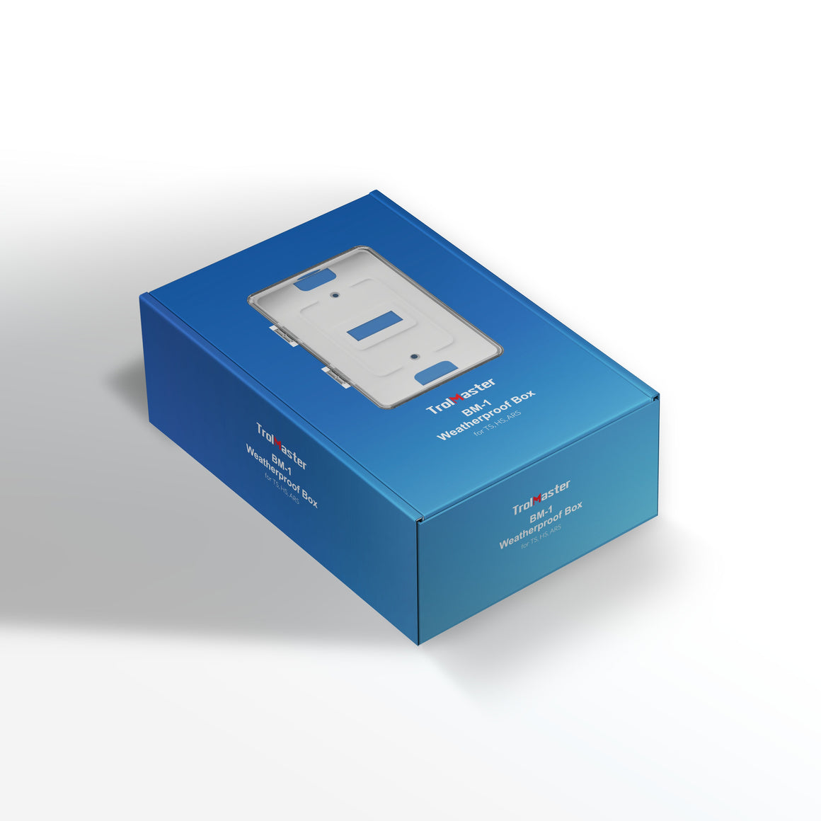 TrolMaster BM-1 weatherproof box packaging, featuring a clear window showing the product, on a white background.