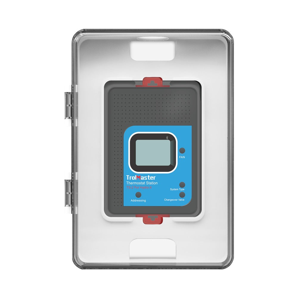 TrolMaster Hydro-X thermostat station in clear protective enclosure with digital display and indicator lights.
