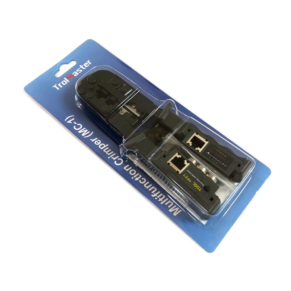 A black multifunction crimper tool in plastic packaging, with "TrolMaster" and "Multifunction Crimper (MC-1)" printed on the blue card.