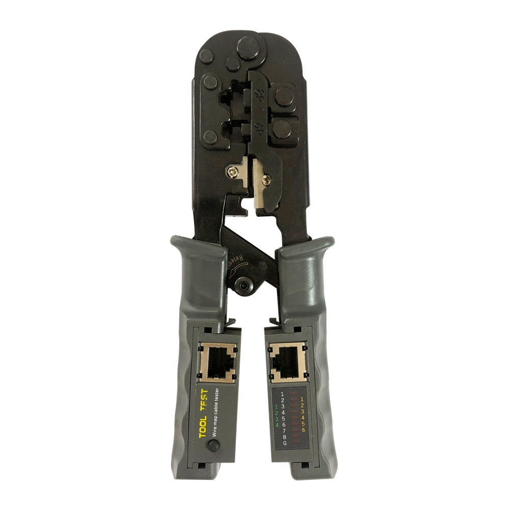 A network cable crimper with a built-in wire map tester is shown against a white background.