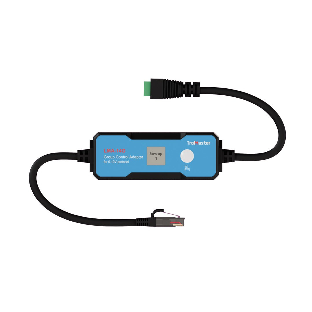 TrolMaster LMA-14G group control adapter for 0-10V protocol with RJ45 and green connector cables.