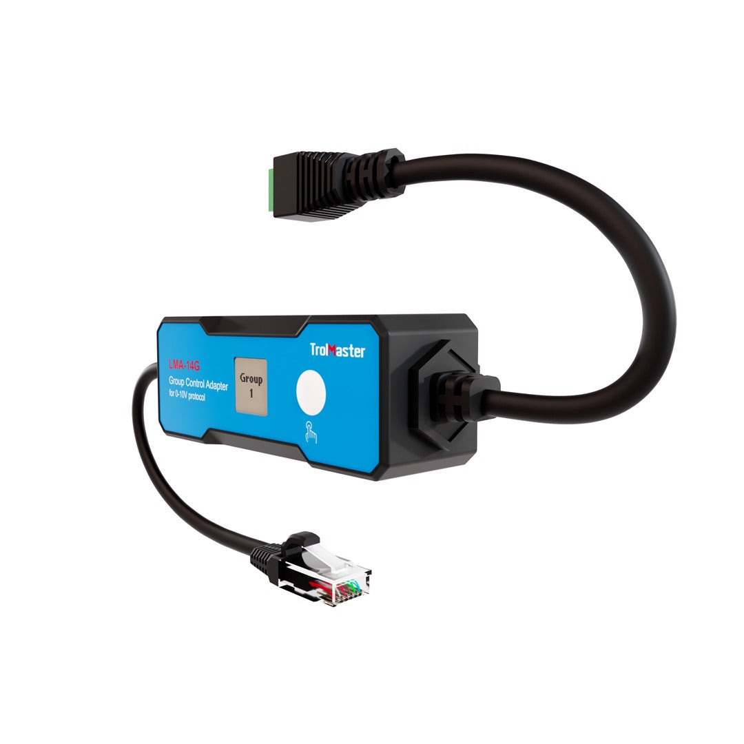 TrolMaster LMA-14G Group Control Adapter, blue, with RJ45 connector and terminal block cable.