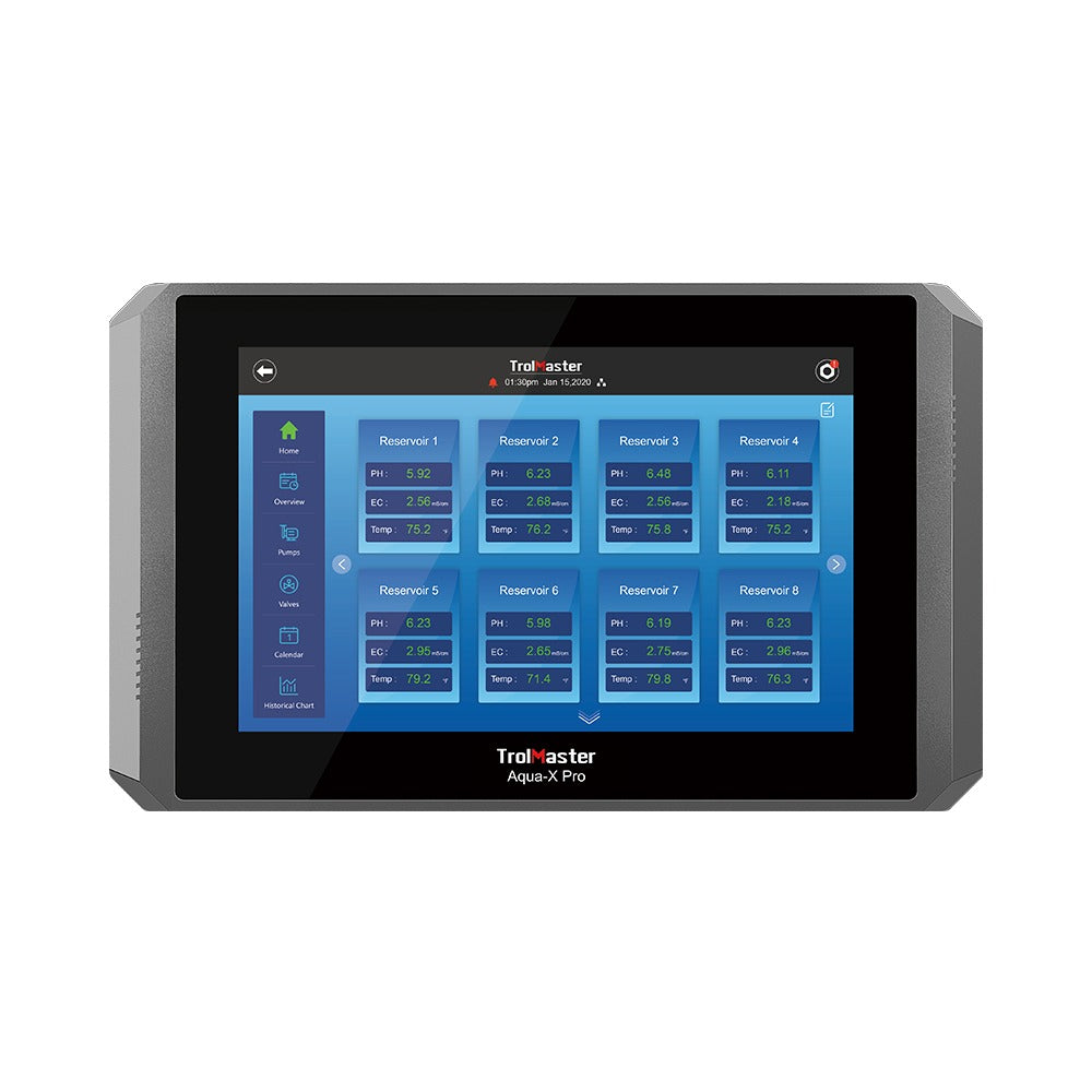 TrolMaster Aqua-X Pro displaying 8 reservoirs with PH, EC, and Temp readings on a touchscreen.
