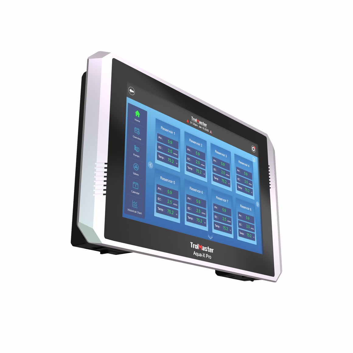 TrolMaster Aqua-X Pro controller display shows reservoir data, side menu with Home, Overview, Pumps, Valves, Calendar, and Historical Chart.