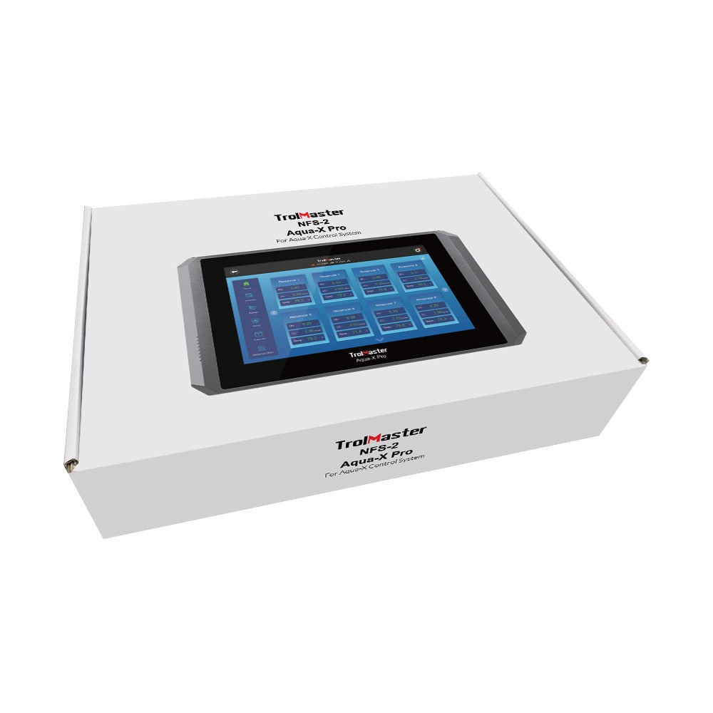 TrolMaster NFS-2 Aqua-X Pro control system packaging with a tablet displaying interface.