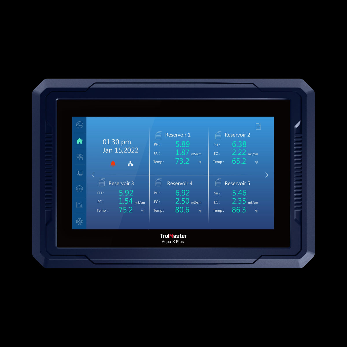 TrolMaster Aqua-X Plus touchscreen display showing reservoir data and environmental controls.
