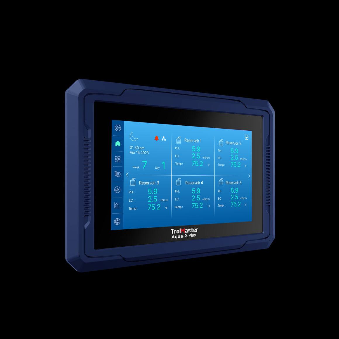 A blue control panel displays multiple reservoirs with pH, EC, and temperature readings on a digital screen.