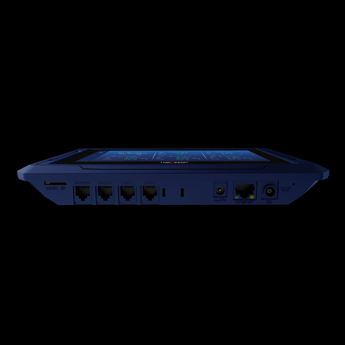 Blue TrolMaster NFS-3 environmental control unit with display, ports for micro SD, nutrient, medium, pumps, valves, internet, and DC power.
