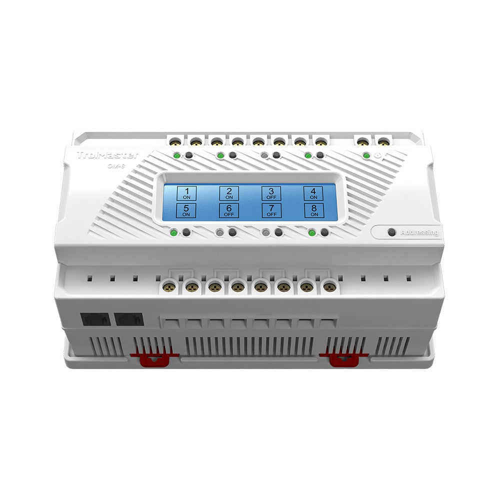 TrolMaster OM-8 environmental control unit with eight channels, some ON and some OFF.