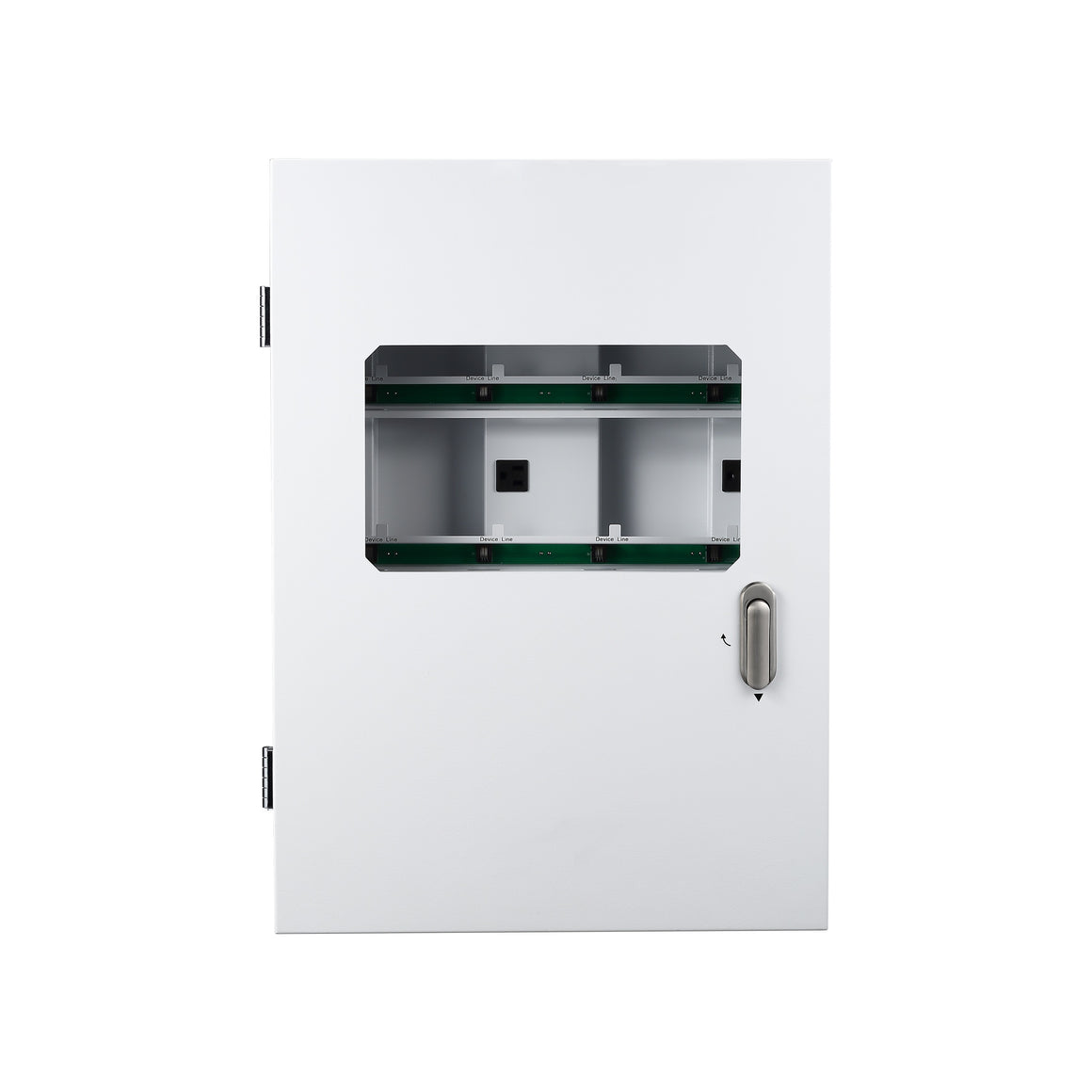 White, hinged environmental control panel with a window revealing internal device lines and outlets, and a silver handle.