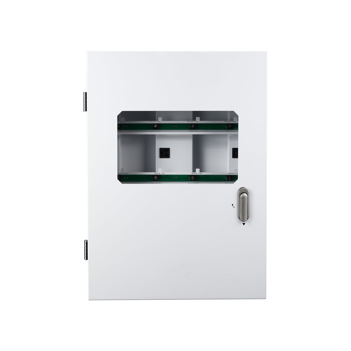 White, hinged environmental control panel with a window revealing internal device lines and outlets, and a silver handle.