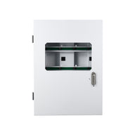 White, hinged environmental control panel with a window revealing internal device lines and outlets, and a silver handle.