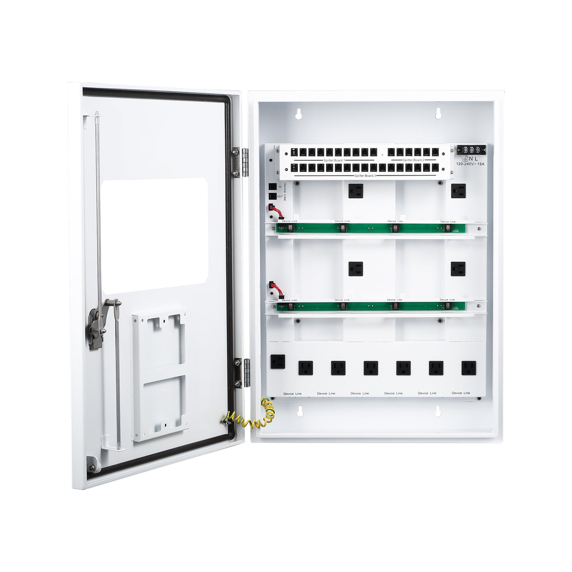 White control box with open door, network ports, outlets, and green circuit boards.
