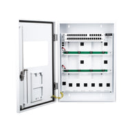 White control box with open door, network ports, outlets, and green circuit boards.