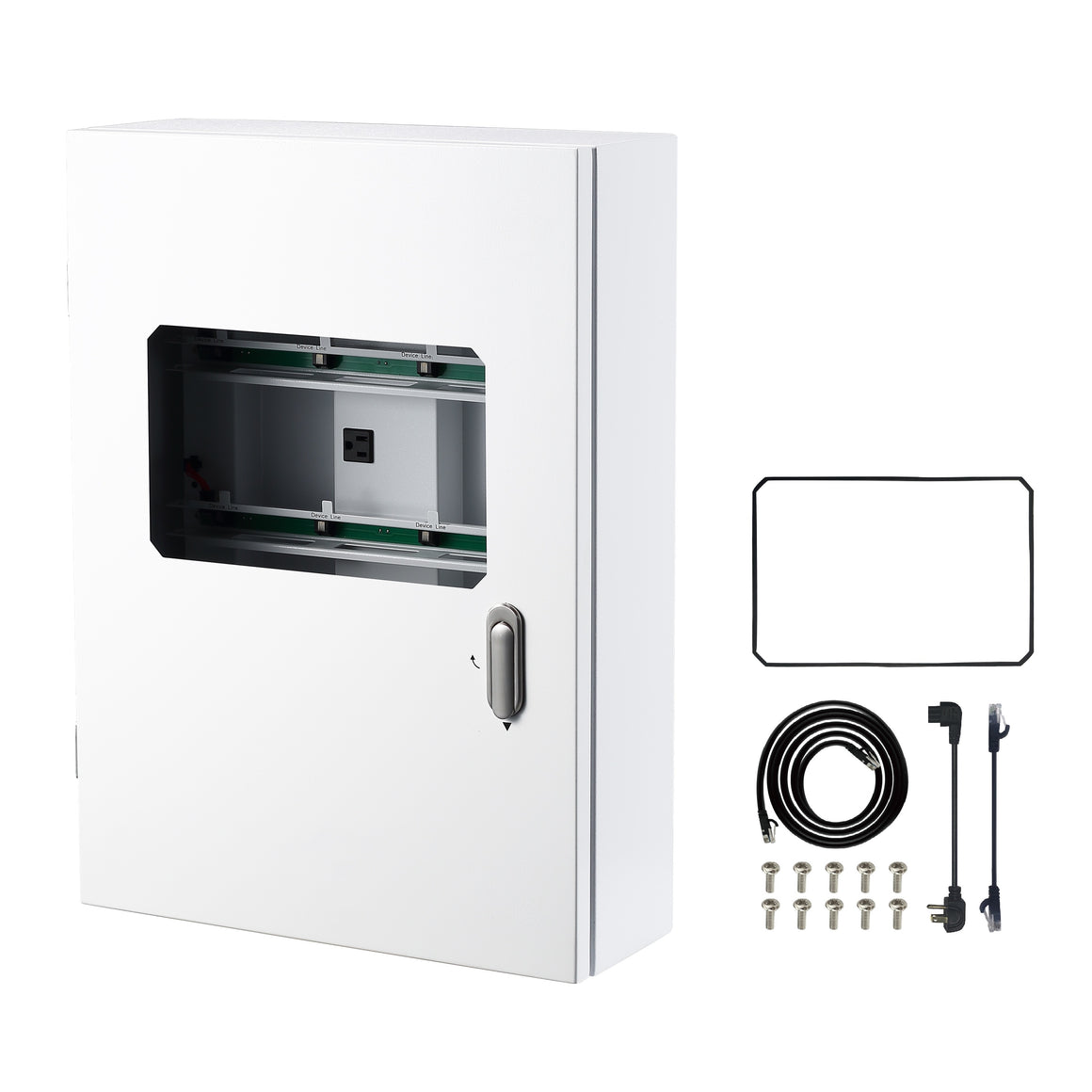 TrolMaster SCC-1 environmental control system: white metal box with internal outlets and accessories like cables, screws, and a gasket.