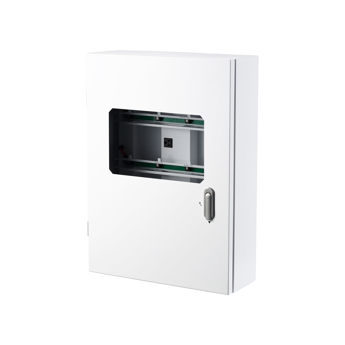White environmental control unit with a window showing internal components and a locking handle.