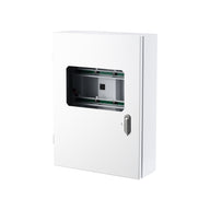 White environmental control unit with a window showing internal components and a locking handle.