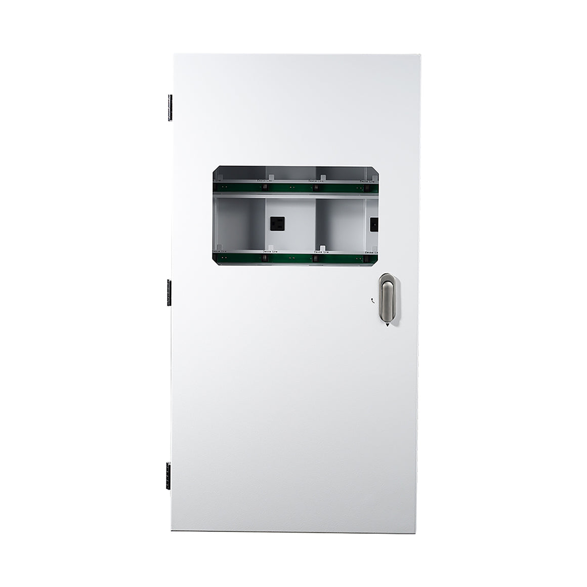 A white metal cabinet with a rectangular window revealing internal components and a silver handle on the right.