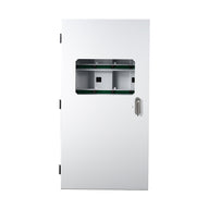 A white metal cabinet with a rectangular window revealing internal components and a silver handle on the right.