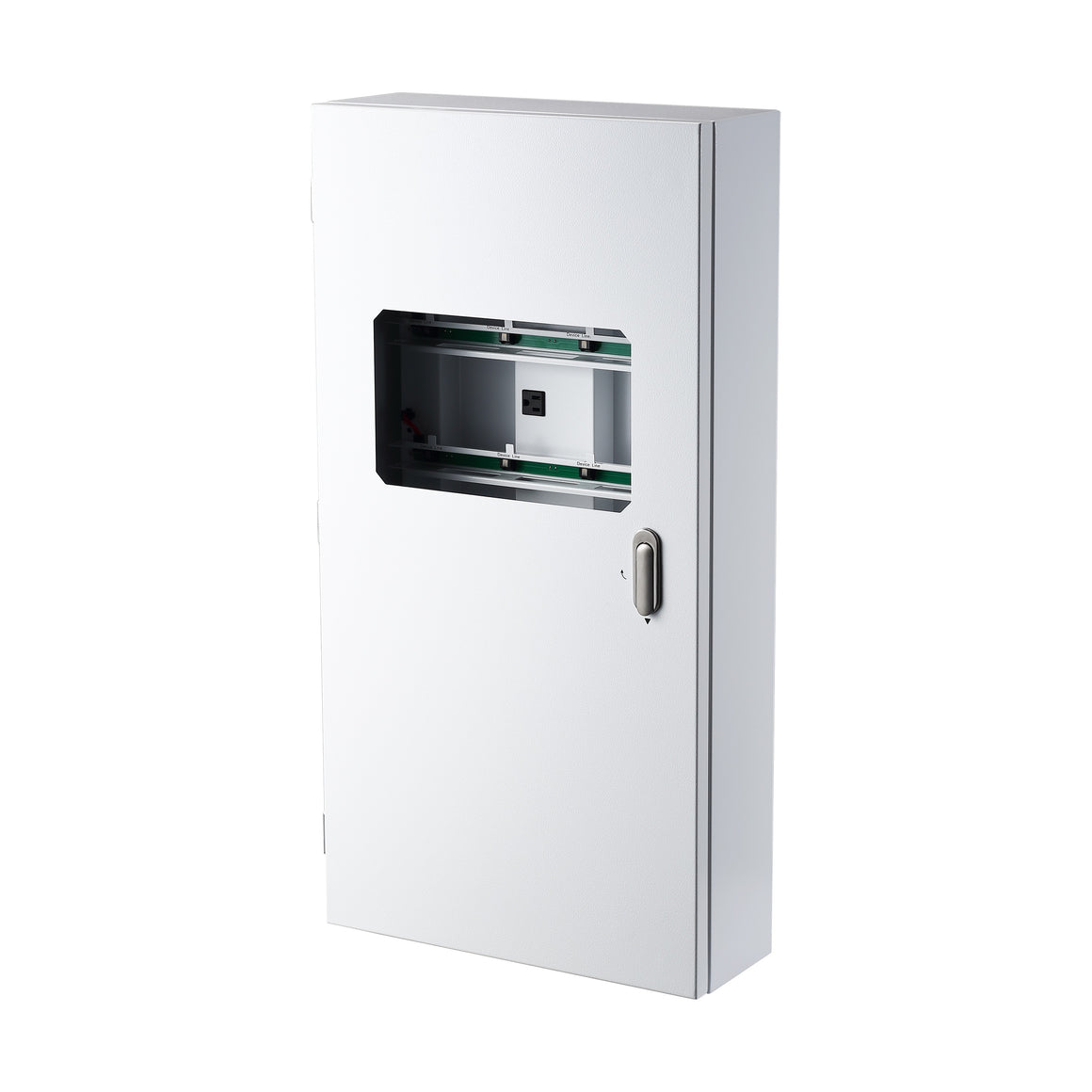 White metal enclosure with a rectangular window, internal shelving, and a silver latch.