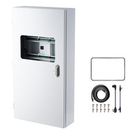 A white control box with a window showing internal components and several accessory items, including screws, cables, and a gasket.