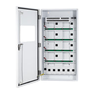 TrolMaster SCC-2 environmental control unit with open door, showing splitter boards, outlets, and input terminal.
