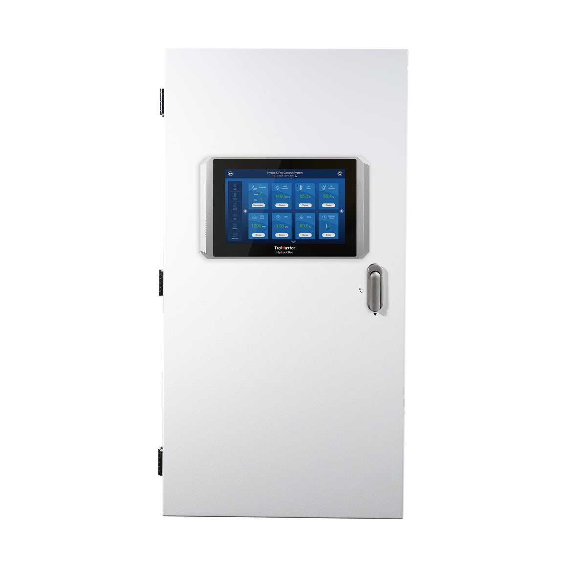 TrolMaster Hydro-X Pro control panel displaying environmental data including light, temp, humidity, and CO2 levels.
