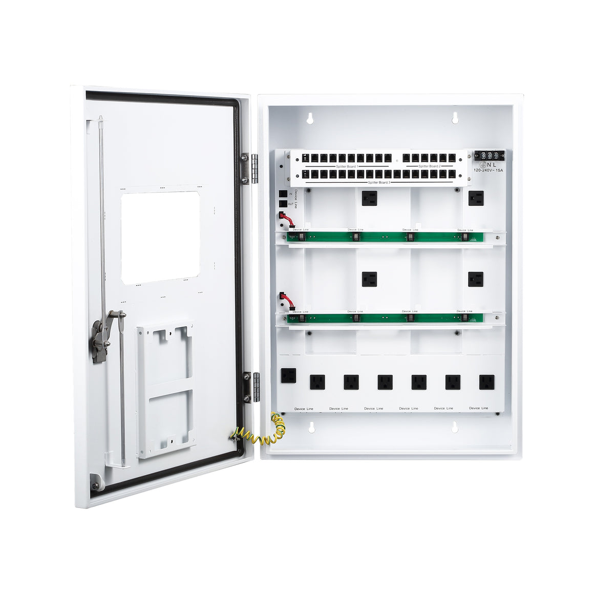 A white environmental control box with its door open, showing network ports, power outlets, and wiring.