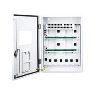 A white environmental control box with its door open, showing network ports, power outlets, and wiring.