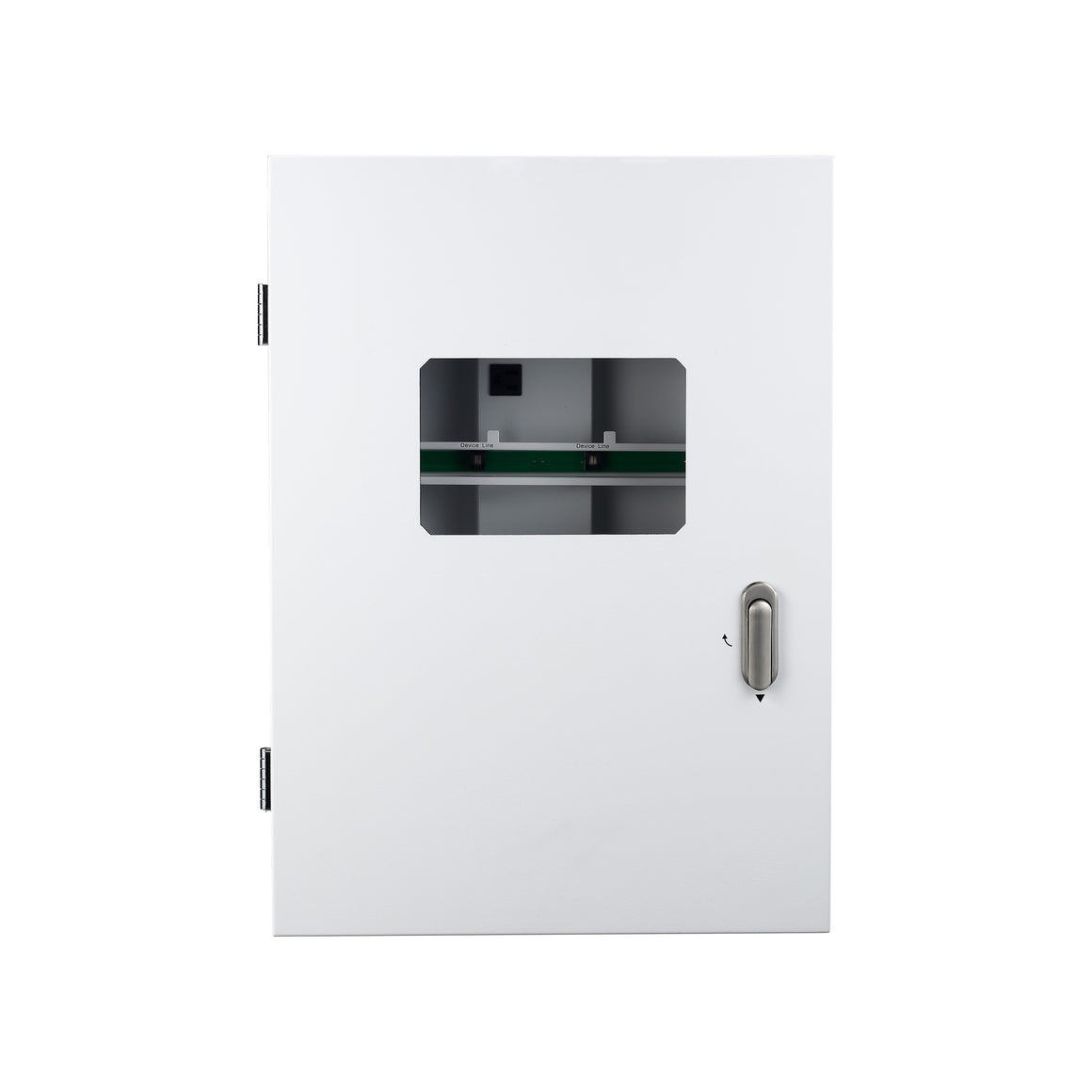 White environmental control unit with hinged door, silver handle, and a viewing window showing internal components.