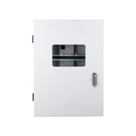 White environmental control unit with hinged door, silver handle, and a viewing window showing internal components.