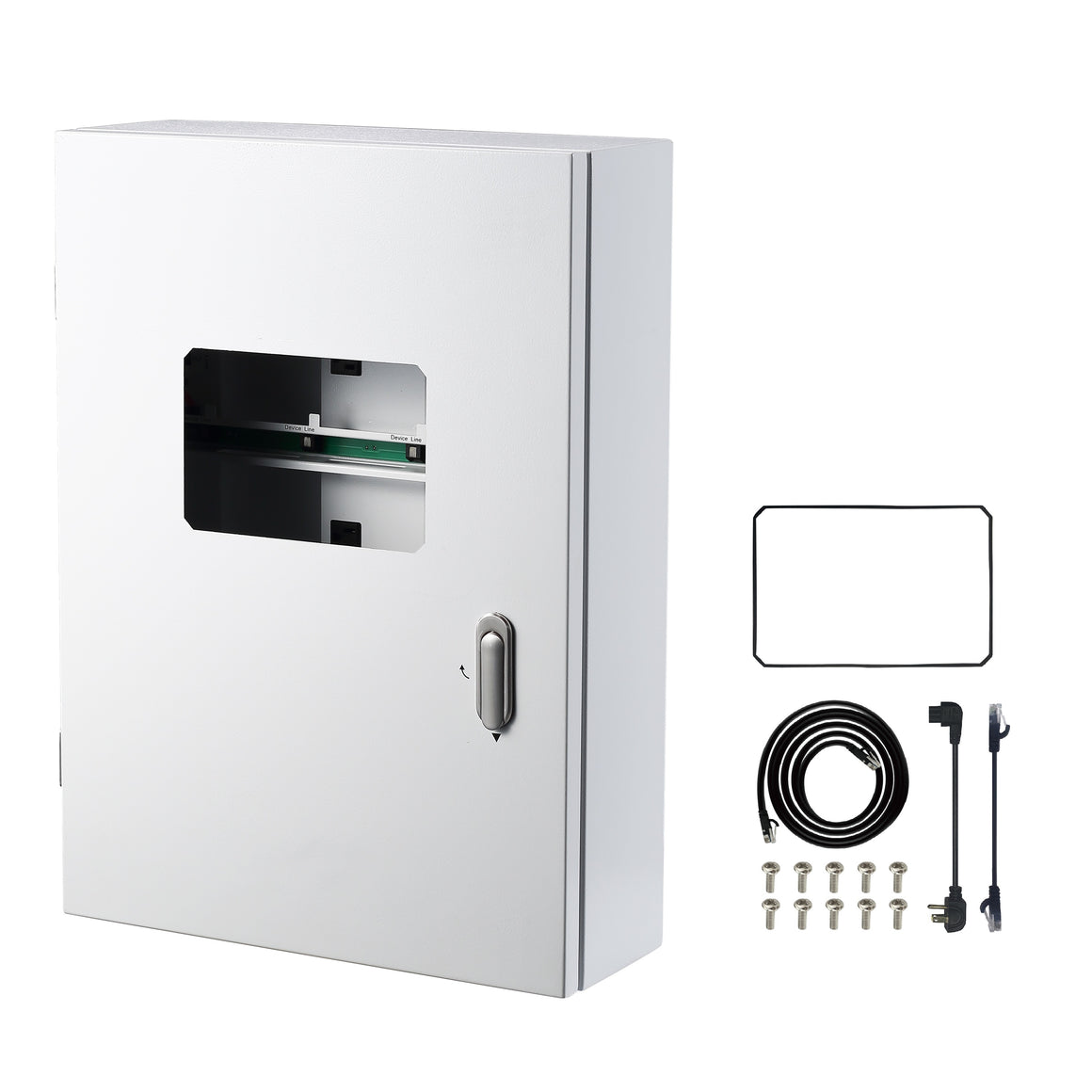 White environmental control box with a cutout window and accessories.