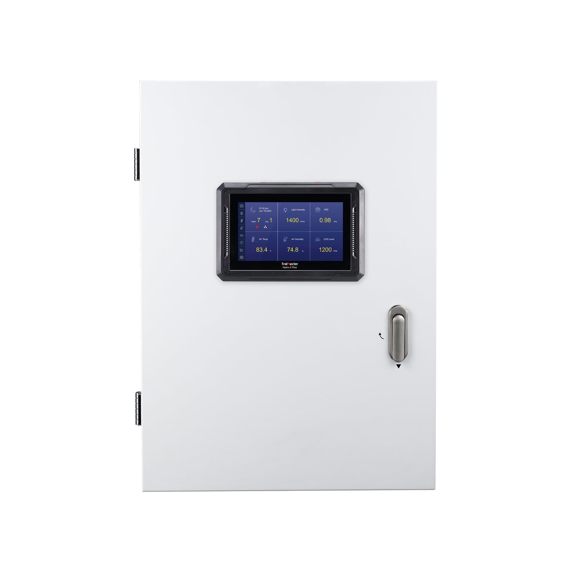 White control box with a digital display showing environmental data, including temperature, humidity, and light intensity.