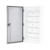 Outdoor NEMA 4X enclosure with open door, showing interior mounting slots and ground wire.