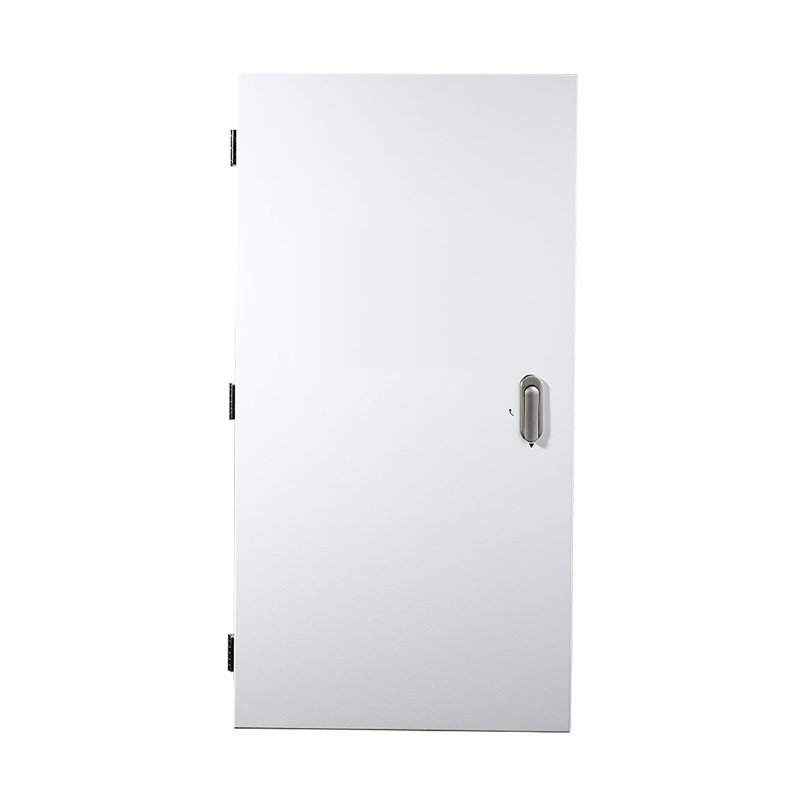 White metal door with a brushed silver handle and two black hinges, isolated on a white background.