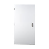 White metal door with a brushed silver handle and two black hinges, isolated on a white background.