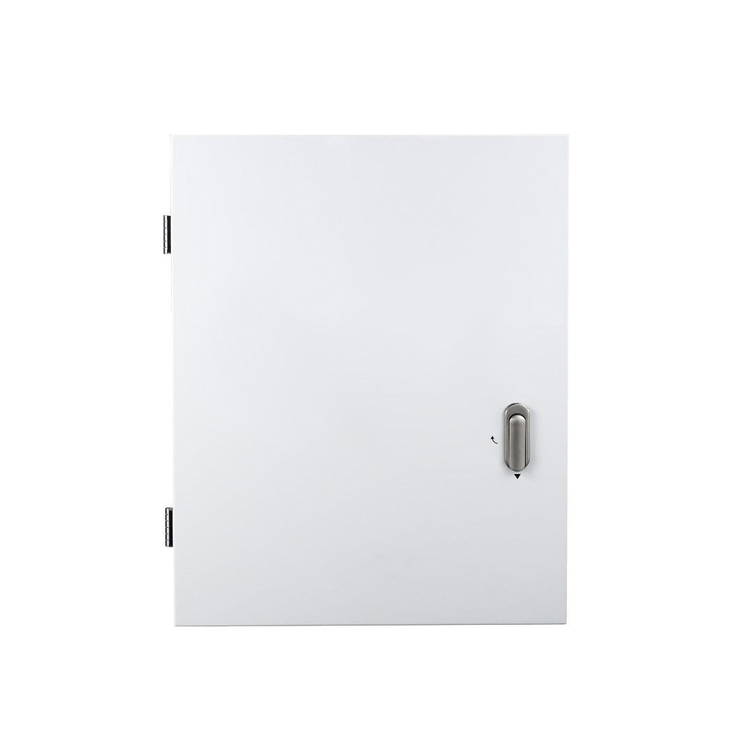 White cabinet door with silver handle and hinges, isolated on white background.
